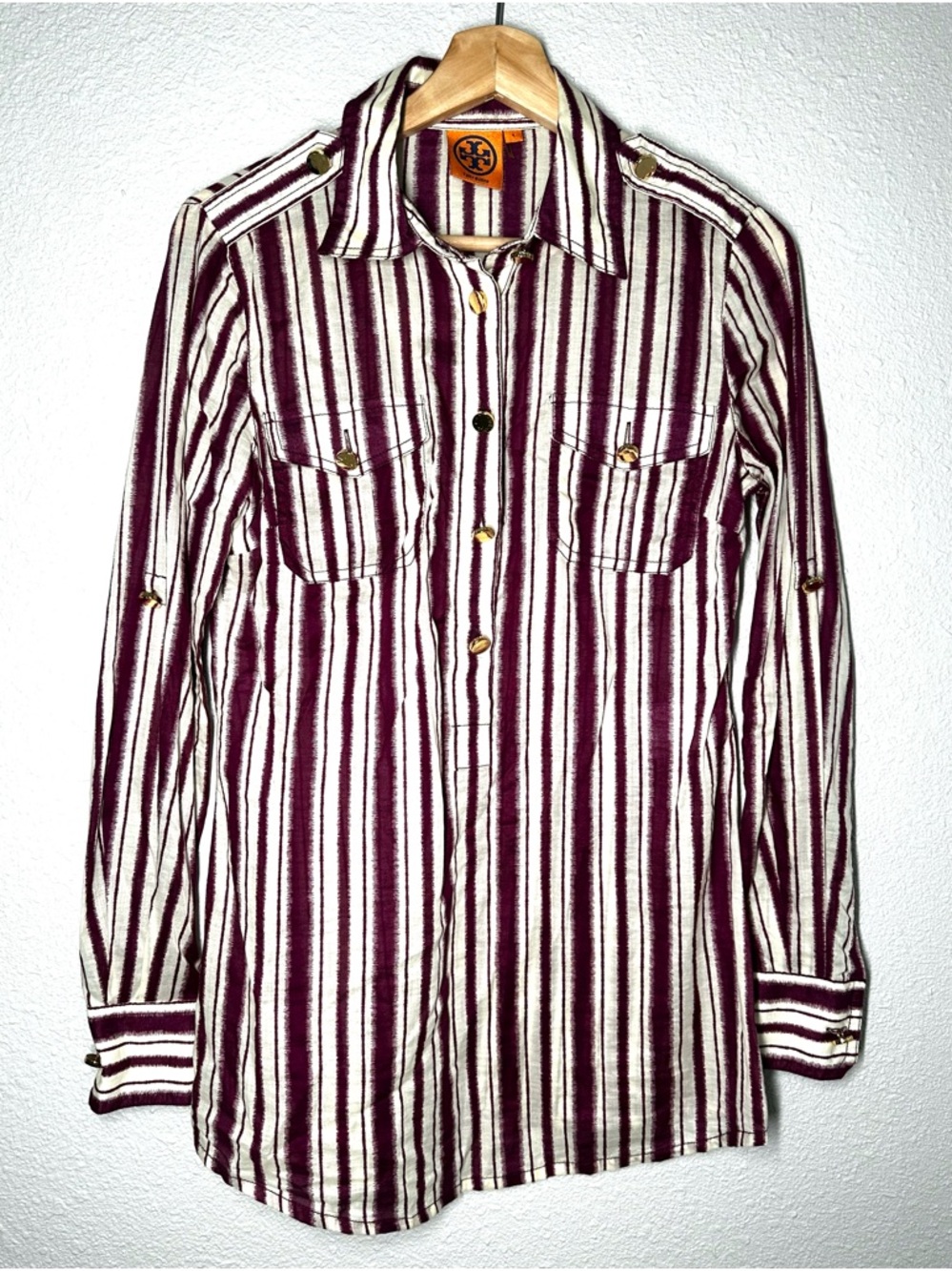 Tory Burch Striped Tunic Top Gold Buttons Cotton Women’s  Size 4